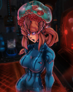 Samus Aran and a Metroid